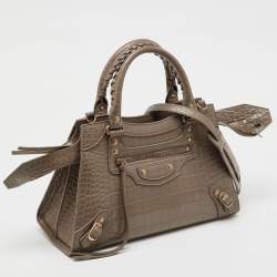 Pre Owned Balenciaga Beige Croc Embossed Leather Small Neo Classic City Bag