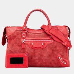 Pre Owned Balenciaga Red Lambskin Trimmed Canvas Motocross City Giant 12 Satchel