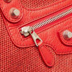 Pre Owned Balenciaga Red Lambskin Trimmed Canvas Motocross City Giant 12 Satchel