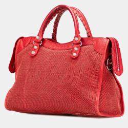 Pre Owned Balenciaga Red Lambskin Trimmed Canvas Motocross City Giant 12 Satchel