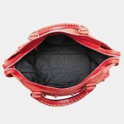 Pre Owned Balenciaga Red Lambskin Trimmed Canvas Motocross City Giant 12 Satchel