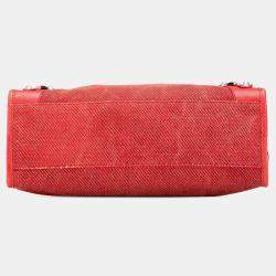 Pre Owned Balenciaga Red Lambskin Trimmed Canvas Motocross City Giant 12 Satchel
