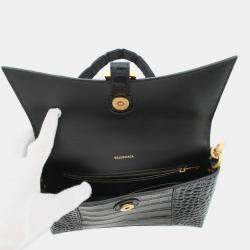 Pre Owned Balenciaga Downtown XS Black Croco Embossed Leather Chain Shoulder Bag