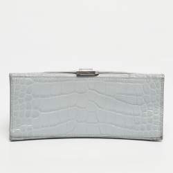 Pre Owned Balenciaga Light Blue Croc Embossed Leather Small Hourglass Top Handle Bag