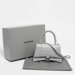Pre Owned Balenciaga Light Blue Croc Embossed Leather Small Hourglass Top Handle Bag
