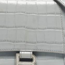 Pre Owned Balenciaga Light Blue Croc Embossed Leather Small Hourglass Top Handle Bag