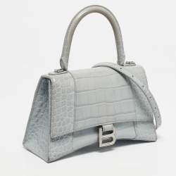 Pre Owned Balenciaga Light Blue Croc Embossed Leather Small Hourglass Top Handle Bag
