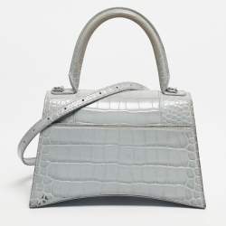 Pre Owned Balenciaga Light Blue Croc Embossed Leather Small Hourglass Top Handle Bag