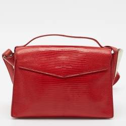 Pre Owned Balenciaga Red Lizard Embossed Leather Mini Trapeze Maillon Top Handle Bag