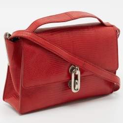Pre Owned Balenciaga Red Lizard Embossed Leather Mini Trapeze Maillon Top Handle Bag