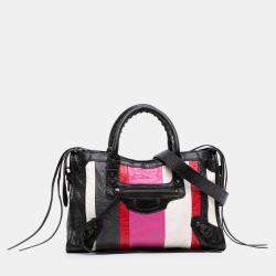 Pre Owned Balenciaga Black Multicolor Small Lambskin Motocross Striped Classic City Satchel