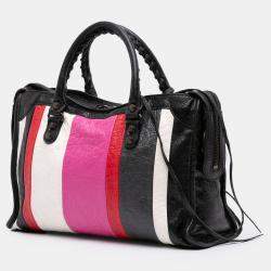Pre Owned Balenciaga Black Multicolor Small Lambskin Motocross Striped Classic City Satchel