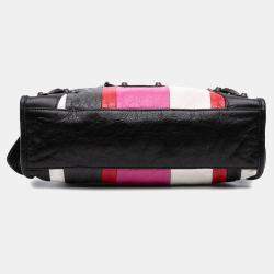 Pre Owned Balenciaga Black Multicolor Small Lambskin Motocross Striped Classic City Satchel