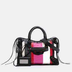 Pre Owned Balenciaga Black Multicolor Small Lambskin Motocross Striped Classic City Satchel
