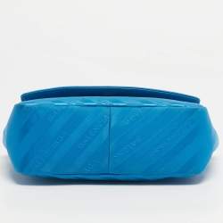 Pre Owned Balenciaga Blue Logo Jacquard Nylon BB Chain Round Shoulder Bag