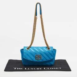Pre Owned Balenciaga Blue Logo Jacquard Nylon BB Chain Round Shoulder Bag