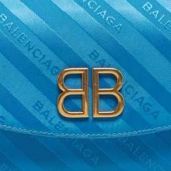 Pre Owned Balenciaga Blue Logo Jacquard Nylon BB Chain Round Shoulder Bag