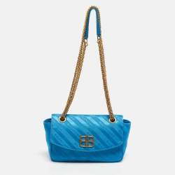 Pre Owned Balenciaga Blue Logo Jacquard Nylon BB Chain Round Shoulder Bag