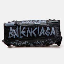Pre Owned Balenciaga Black Blue Mini Lambskin Motocross Graffiti Classic City Satchel