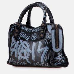 Pre Owned Balenciaga Black Blue Mini Lambskin Motocross Graffiti Classic City Satchel