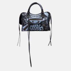 Pre Owned Balenciaga Black Blue Mini Lambskin Motocross Graffiti Classic City Satchel