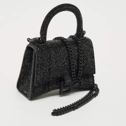 Pre Owned Balenciaga Black Suede Crystal Embellished Nano Hourglass Top Handle Bag