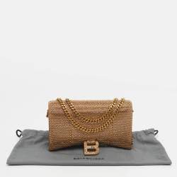 Pre Owned Balenciaga Gold Suede Crystal Embellished Hourglass Wallet on Chain