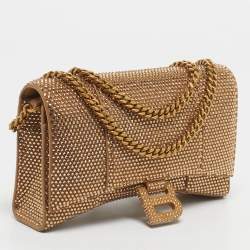 Pre Owned Balenciaga Gold Suede Crystal Embellished Hourglass Wallet on Chain