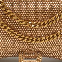 Pre Owned Balenciaga Gold Suede Crystal Embellished Hourglass Wallet on Chain