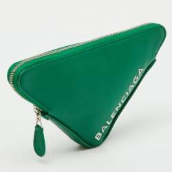 Pre Owned Balenciaga Green Leather Small Triangle Zip Pouch