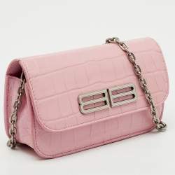 Pre Owned Balenciaga Light Pink Croc Embossed Leather Gossip Wallet on Chain