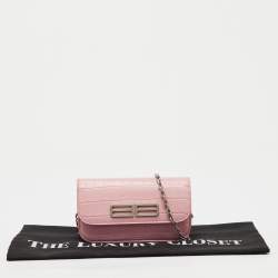 Pre Owned Balenciaga Light Pink Croc Embossed Leather Gossip Wallet on Chain