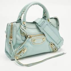 Pre Owned Balenciaga Light Turquoise Leather Mini Metallic Edge Classic City Bag