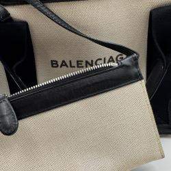 Pre Owned Balenciaga Off White/Black Canvas and Leather Navy XS Cabas Tote