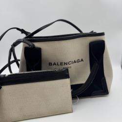 Pre Owned Balenciaga Off White/Black Canvas and Leather Navy XS Cabas Tote