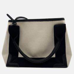 Pre Owned Balenciaga Off White/Black Canvas and Leather Navy XS Cabas Tote