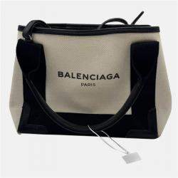 Pre Owned Balenciaga Off White/Black Canvas and Leather Navy XS Cabas Tote