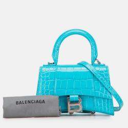 Pre Owned Balenciaga Blue XS Croc Embossed Hourglass Top Handle Bag