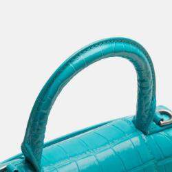 Pre Owned Balenciaga Blue XS Croc Embossed Hourglass Top Handle Bag