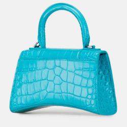 Pre Owned Balenciaga Blue XS Croc Embossed Hourglass Top Handle Bag