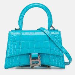 Pre Owned Balenciaga Blue XS Croc Embossed Hourglass Top Handle Bag