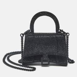 Pre Owned Balenciaga Black Suede Crystals Embellished Nano Hourglass Top Handle Bag