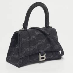 Pre Owned Balenciaga Black BB Monogram Denim Small Hourglass Top Handle Bag