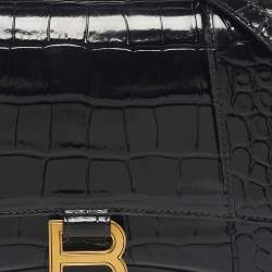 Pre Owned Balenciaga Black Croc Embossed Leather Small Hourglass Top Handle Bag
