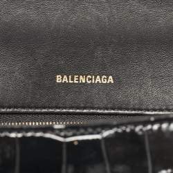 Pre Owned Balenciaga Black Croc Embossed Leather Small Hourglass Top Handle Bag