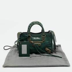Pre Owned Balenciaga Green Croc Embossed Leather Nano Metallic Edge City Bag