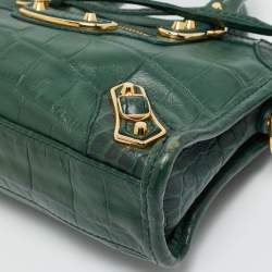 Pre Owned Balenciaga Green Croc Embossed Leather Nano Metallic Edge City Bag