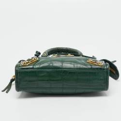 Pre Owned Balenciaga Green Croc Embossed Leather Nano Metallic Edge City Bag