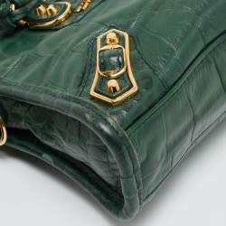 Pre Owned Balenciaga Green Croc Embossed Leather Nano Metallic Edge City Bag