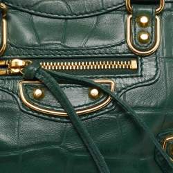 Pre Owned Balenciaga Green Croc Embossed Leather Nano Metallic Edge City Bag